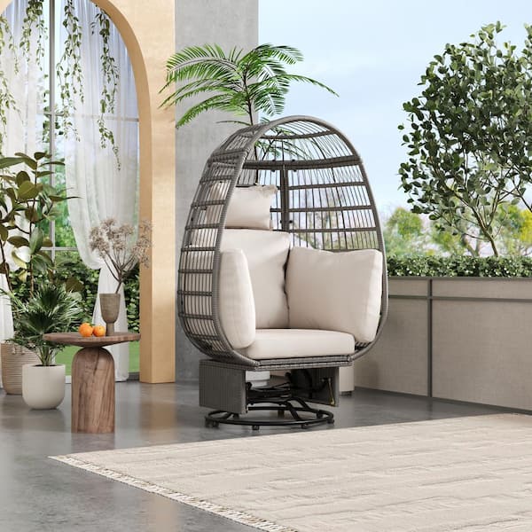 Runesay Grey Wicker Outdoor Rocking Chair Rattan Egg Chair with Beige Cushions and Rocking Function