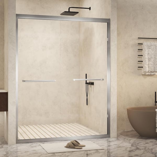 56-60 in. W x 72 in.H Double Sliding Frame Shower Door in Brushed Nickel 6mm(1/4 in.)Tempered Glass Explosion Proof Film