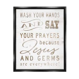 Wood Jesus And Germs Are Everywhere Wash Hands Sign by Cindy Jacobs Floater Frame Religious Wall Art 21 in. x 17 in.