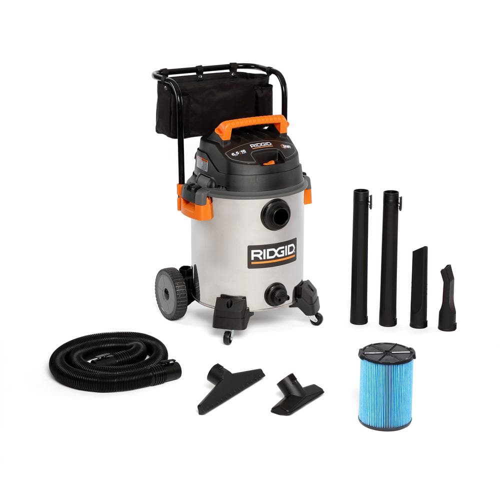 Ridgid 16 Gallon 6 5 Peak Hp Stainless Steel Wet Dry Shop Vacuum With Fine Dust Filter Hose And Accessories Wd1956 The Home Depot Ridgid 16 Gallon 6 5 Peak Hp Stainless Steel Wet Dry Shop Vacuum With Fine Dust Filter Hose And Accessories Wd1956 The Home Depot