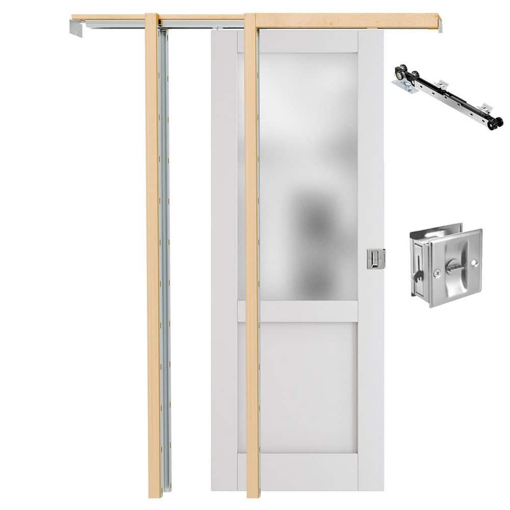30 in. x 80 in. White Primed Wood Full Lite Frosted Glass Sliding Pocket Door with Frame, Black Lock & Soft Close Incl. price history on PriceWatchPro
