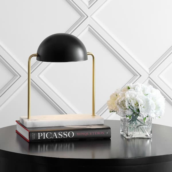 JONATHAN Y Porter 13.5 in. Art Deco Dome Lamp with Marble Base, Brass Gold/Black