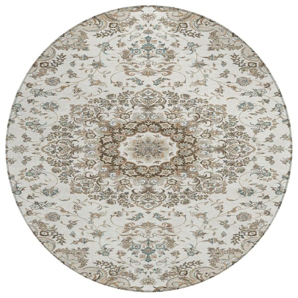 Chantille Machine Washable Indoor/Outdoor Abstract ACN2495 Ivory 8 ft. x 8 ft. Round Rug