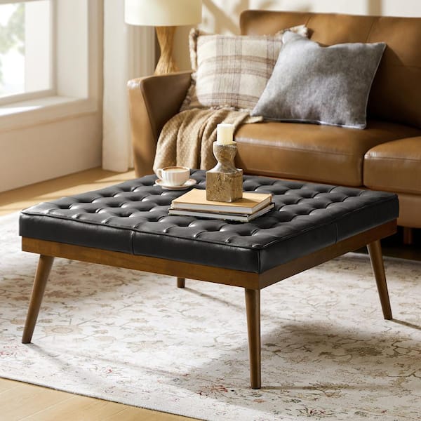 JAYDEN CREATION Diana Black Genuine Leather Square Medium Ottoman