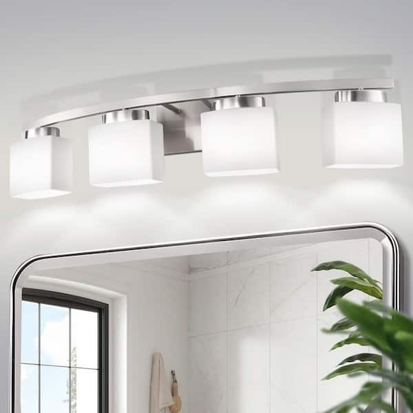 34 In. 4-Light Nickel Modern Square Vanity Light with Curved Arms and Milk White Glass Shades for Bathroom or Bedroom