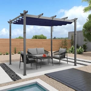 10 ft. x 10 ft. Navy Blue Aluminum Outdoor Retractable Pergola with Sun Shade Canopy for Garden Porch Beach Pavilion