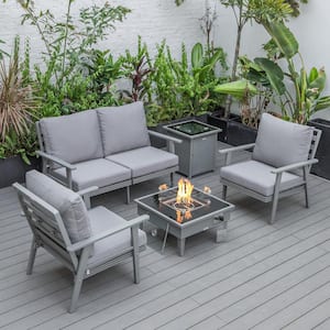 Walbrooke Grey 5-Piece Aluminum Square Patio Fire Pit Set with Grey Cushions and Tank Holder