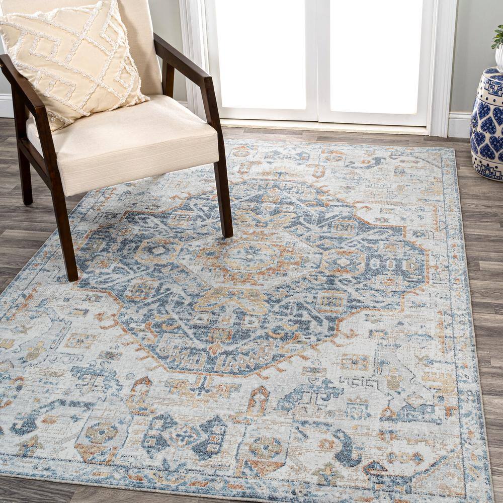 Cream and Blue Medallion Washable Synthetic Area Rug 3' x 5'