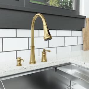Single Handle Standard Kitchen Faucet wiht Soap Dispenser in Brushed Gold