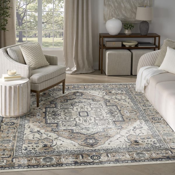 Concerto Ivory Taupe 8 ft. x 10 ft. Center medallion Traditional Area Rug