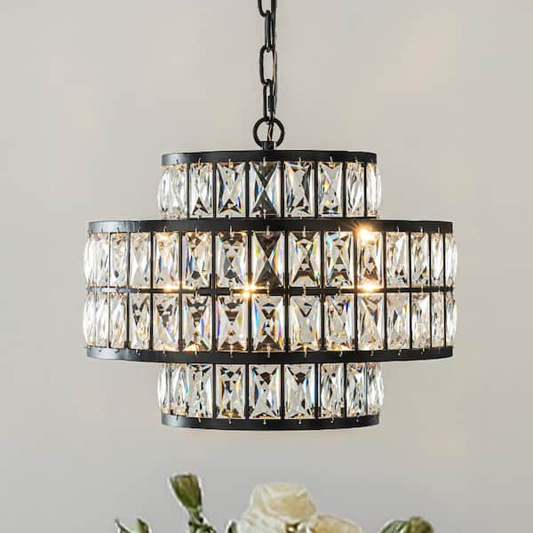 ALOA DECOR 16'' Modern Crystal Chandelier Matte Black Finish 4-Light ...