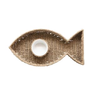 20.1 in. Brown Hand-Woven Seagrass Fish Shaped Chip Dip Servers 8 oz. Ceramic Bowl (Set of 2)