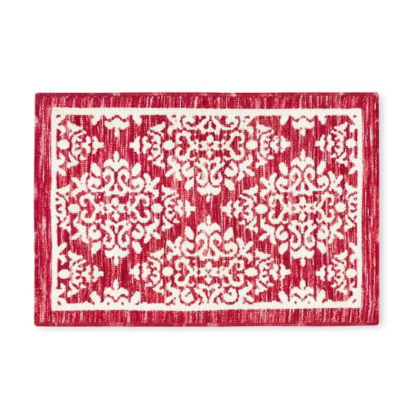 TOWN & COUNTRY LIVING Everyday Walker Damask Medallion Red 24 in. x 40 in. Machine Washable Kitchen Mat