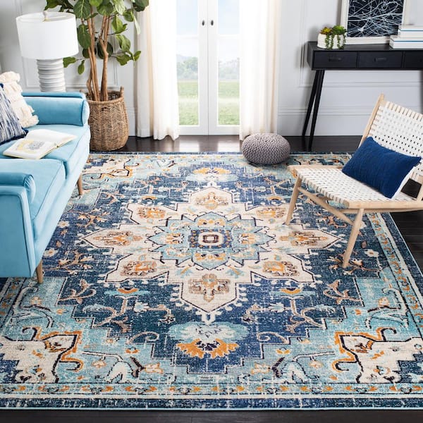 Madison Blue/Light Blue 11 ft. x 11 ft. Border Geometric Floral Medallion Square Area Rug