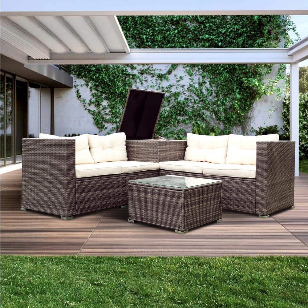 Grey 4-Piece Wicker Rattan Patio Conversation Sectional Seating Set with St