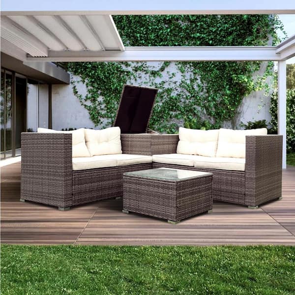 Unbranded Grey 4-Piece Wicker Rattan Patio Conversation Sectional Seating Set with Storage Box Cushion Guard White Cushions
