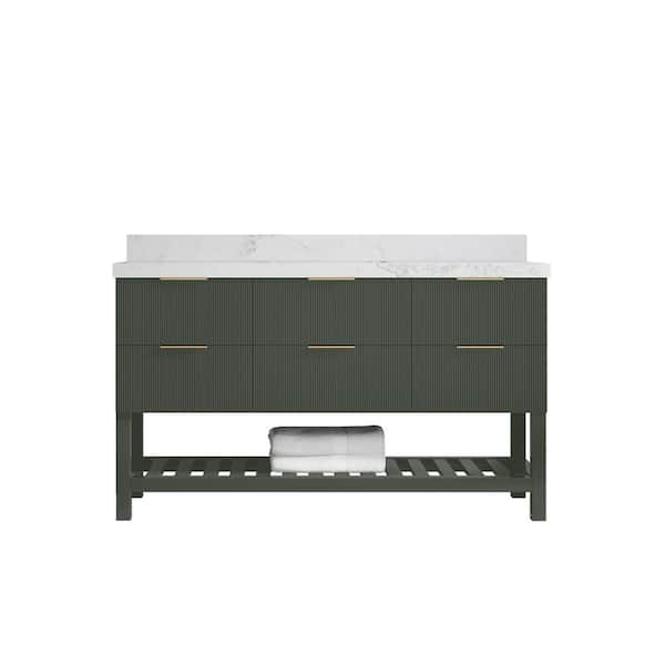Willow Collections Catalina 60 in. Single Sink Freestanding Pewter Green Bath Vanity with Calacatta Nuvo Qt. Top Unassembled