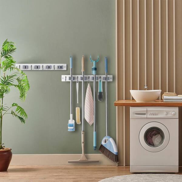 AOBIS 2 PCS Mop Broom Holder Wall Mount, Broom Mop Closet Metal Hook, Heavy Duty Stainless Steel Broom Mop Rack Broom Organizer For Kitchen Garden Garage Closet Office Utility Tools Organization - View #6