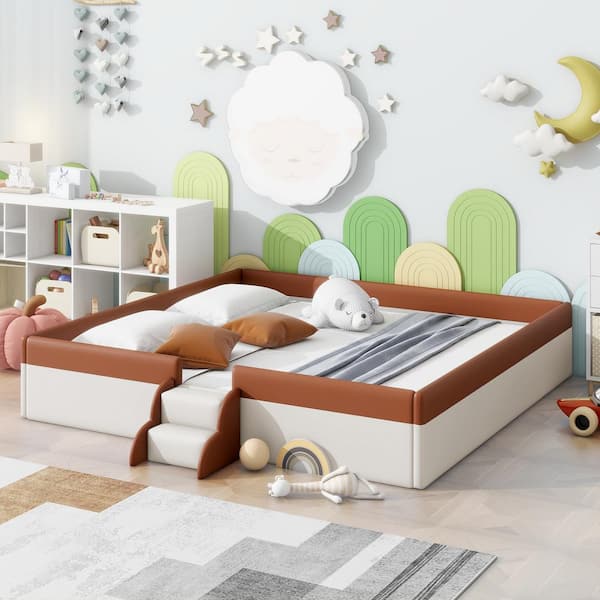 Harper & Bright Designs Brown and White Wood Frame King Size Upholstered Platform Bed with Fence and Stairs