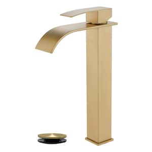 Single Handle Vessel Sink Faucet with Pop-Up Drain, Wide Spout Waterfall Single Hole Bathroom Faucet in Brushed Gold