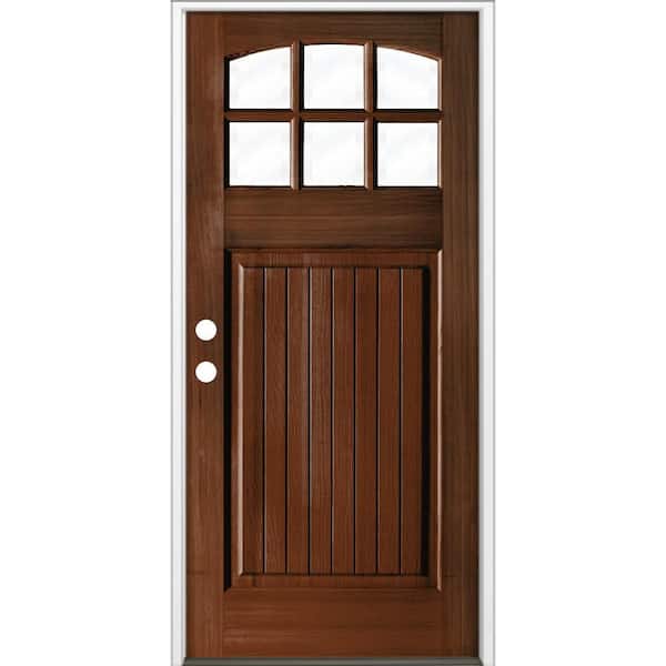 Krosswood Doors 36 in. x 80 in. Craftsman 6 Lite V Groove Arch Top Red Mahogany Stain Right-Hand/Inswing Hemlock Prehung Front Door