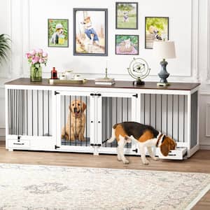 86.6 in. Modern Dog Crate with Dog Feeding Area, Large Furniture Style Dog Kennel with Removable Irons for 2 Medium Dogs