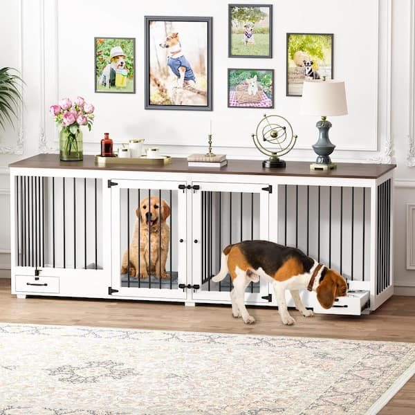 FUFU&GAGA 86.6 in. Modern Dog Crate with Dog Feeding Area, Large Furniture Style Dog Kennel with Removable Irons for 2 Medium Dogs