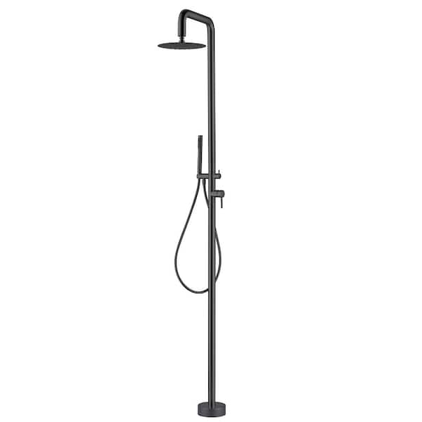 Outdoor Exposed Shower Faucet Dual Level Handle Floor Mount Freestanding Tub Faucet with Hand Shower in Matte Black