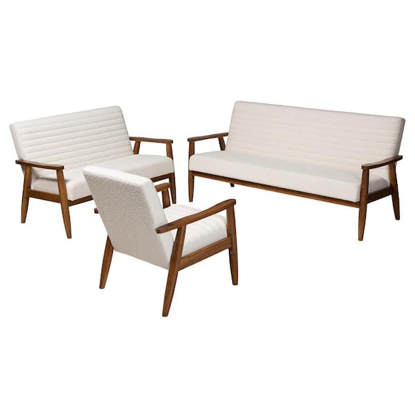 Baxton Studio Stratton 3-Piece White and Walnut Brown Fabric Living Room Set