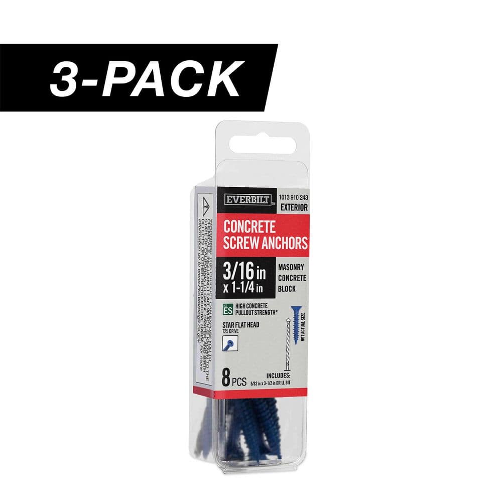 3-Pack 3/16 in. x 1-1/4 in. Star Flat-Head Concrete Screw Anchors Blue (24-Pieces) price history on PriceWatchPro