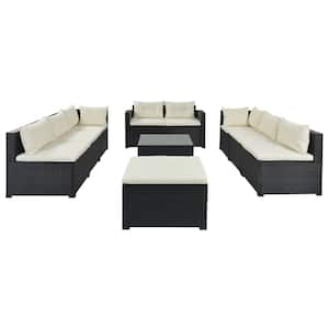 Black 9-Piece Wicker Outdoor Sectional Sofa Set with Beige Cushions and Table