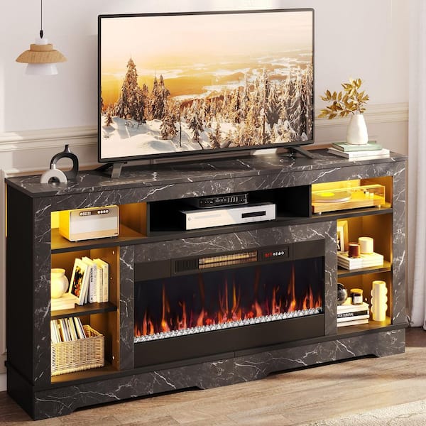 71 in. Black Marble TV Stand with Electric Fireplace Fits TV Up to 75 in. Entertainment Center with Cabinet