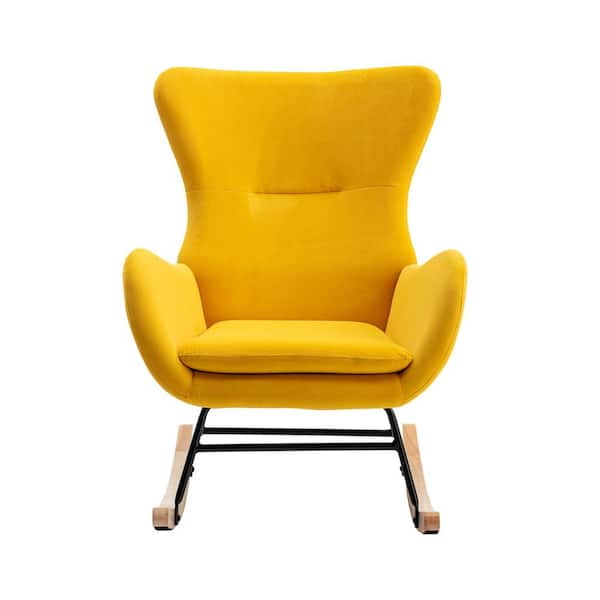 Z-joyee Yellow Velvet Padded Seat Rocking Chair with High Backrest and Armrests