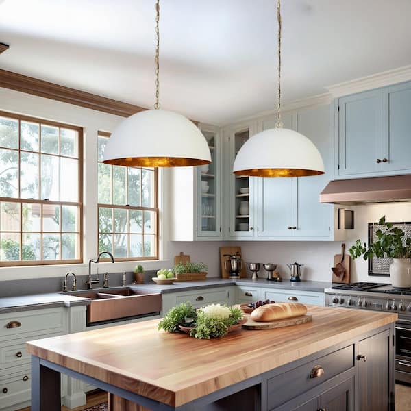 Mid-century 23.6 in. W 1-Light Gold Pendant Lamp, Modern Pendant Light with White Dome Shade for Dining Room, Kitchen