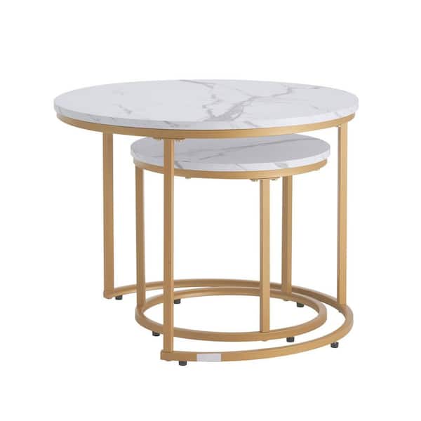 Nesting Coffee Table Set of 2,23.6 in. Round, Nesting Tables for Small Place, Vintage End Side White+Gold 2025 Update