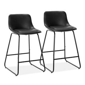 33.07 in. Black Low Back Metal Frame Counter Height Bar Stool with Faux Leather Seat (Set of 2)
