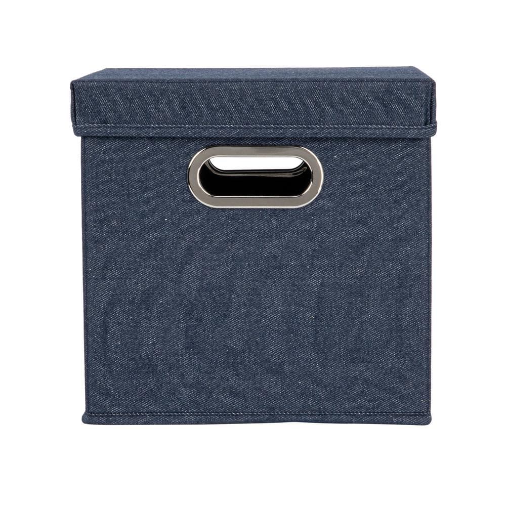 Denim Blue Cotton Blend Collapsible Cube Storage Box with Metal Handles