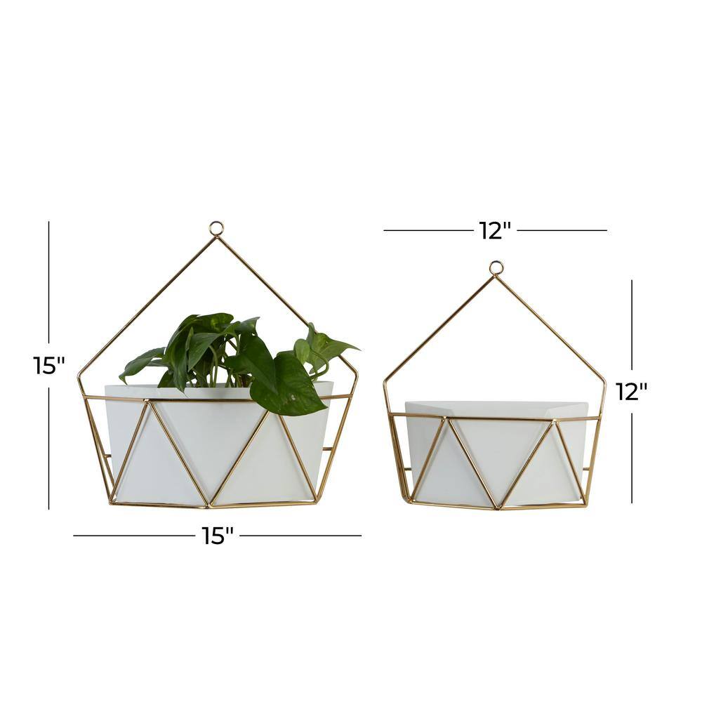 CosmoLiving Contemporary White and Gold Geometric Metal Wall Planters, Set of 2