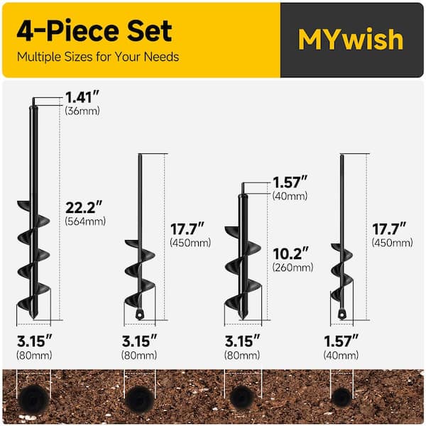 Garden Earth Auger Drill Bit Set for Planting and Landscaping, High-Carbon Steel, 3/8 in. Hex Drive (4-Piece)