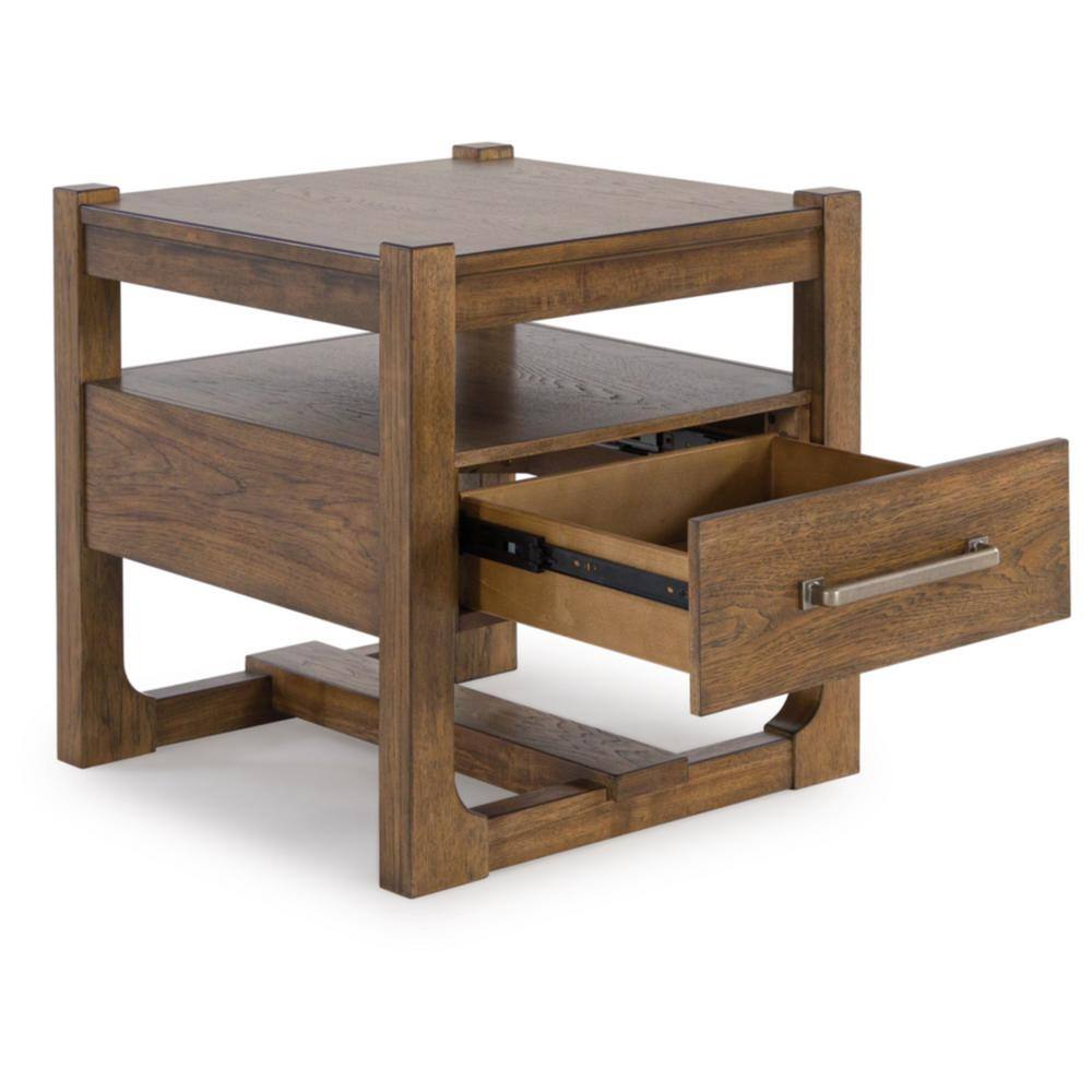 Light Brown Square Wood End Table with Storage Drawer