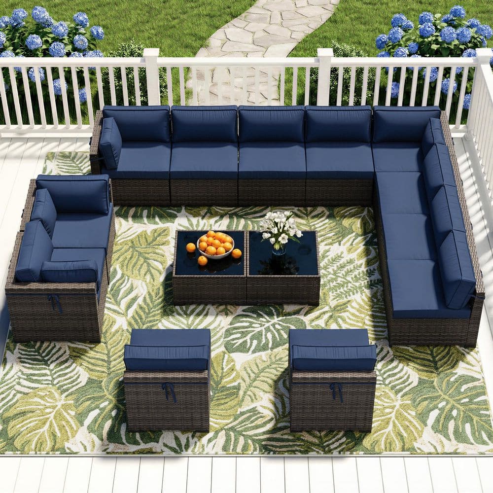 14-Piece Brown Wider Wicker Outdoor Sectional Set Patio Sofa with Blue Cushions and Coffee Table price history on PriceWatchPro