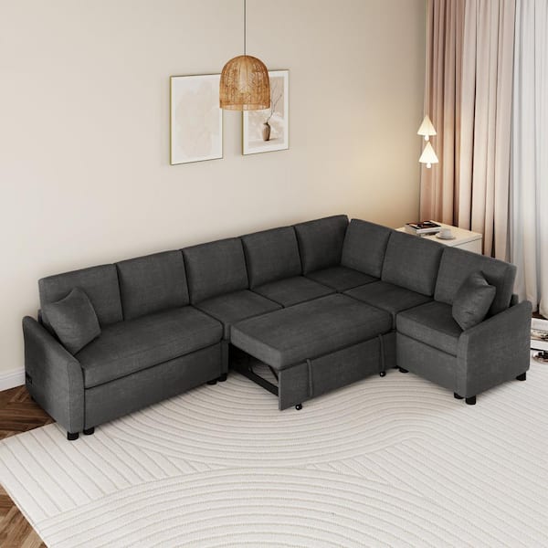124.8 in. L Shaped Chenille Modern Sectional Sofa in. Gray Convertible Sofa Bed with 2 Back Pillows and Power Sockets