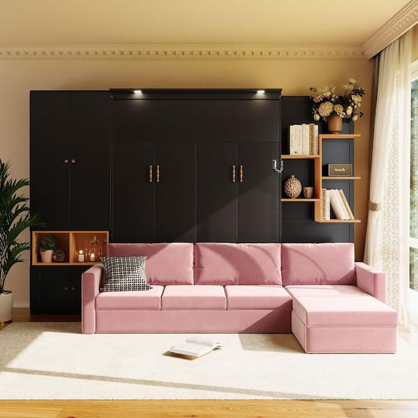 Black Wood Frame Queen Size Murphy Bed with Large Sofa,dual Lights-black and Pink Sofa