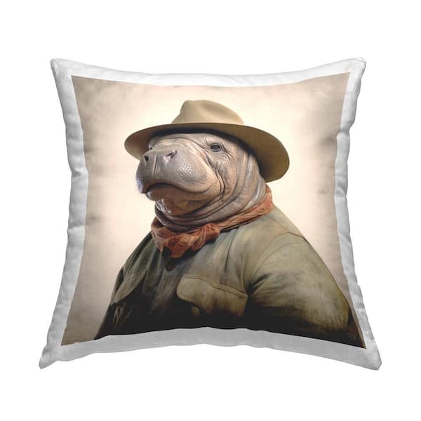 Stupell Industries Manatee in Vintage Clothes Brown Print Polyester 18 in. x 18 in. Throw Pillow