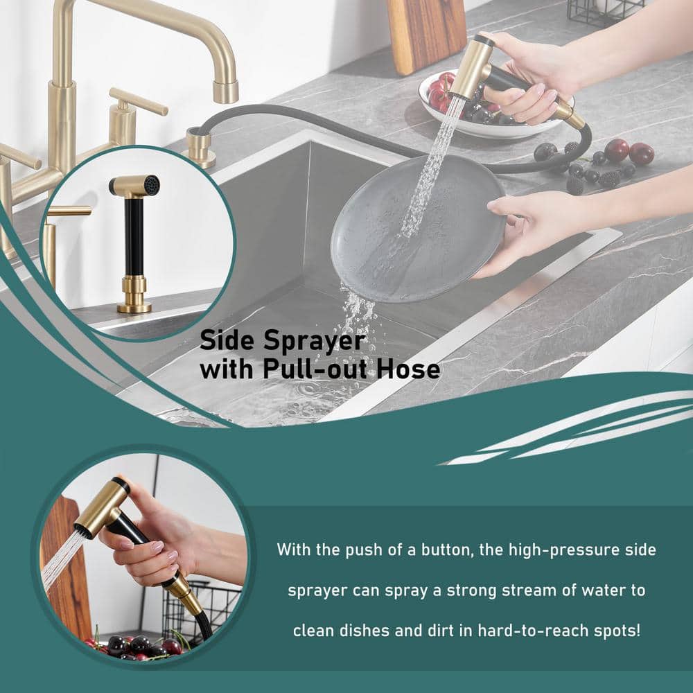 Brushed Gold Bridge Kitchen Faucet with Pull-out Spray
