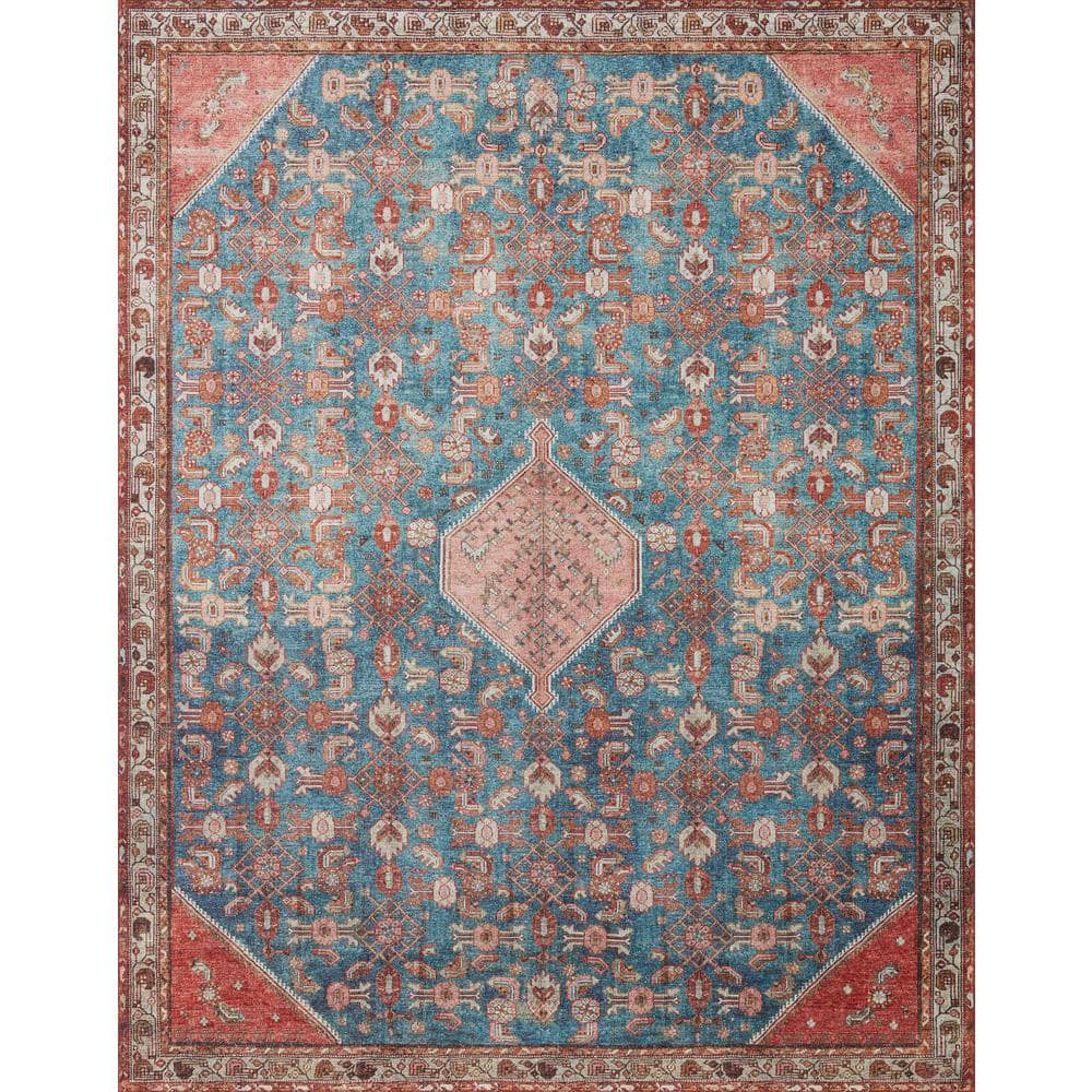 Blue and Clay Vintage Distressed Polyester Accent Rug