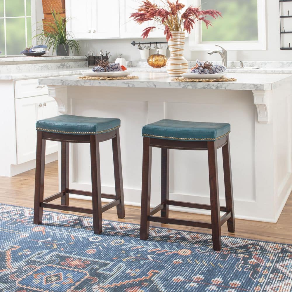 Claridge Dark Brown Wood and Blue Leather 26" Backless Counter Stool