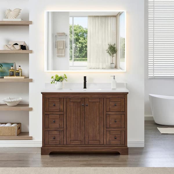 Avery 48 in. Single Freestanding Dark Walnut with Matte Black Trim Bath Vanity with White Quartz Top