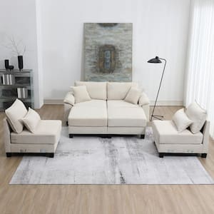 133 in. x 65 in. Pillow Top Arm Polyester U-Shaped Modular Sectional Sofa in Beige