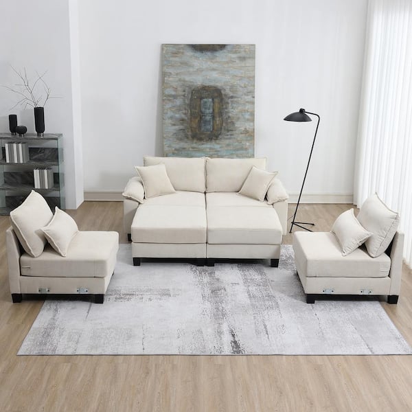 LUCKY ONE 133 in. x 65 in. Pillow Top Arm Polyester U-Shaped Modular Sectional Sofa in Beige